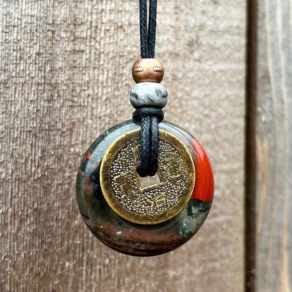 Artisan Jewelry - African Bloodstone & Lucky Coin Pendant Necklace | Handmade